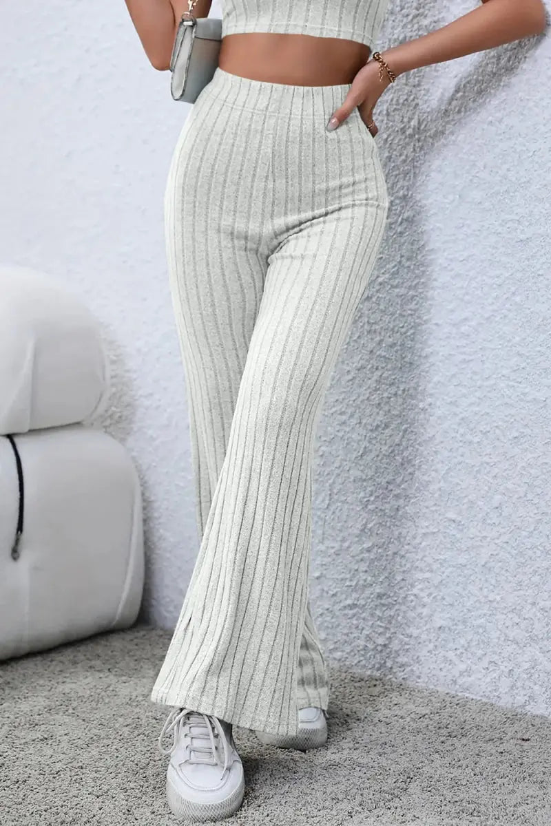Basic Bae Full Size Ribbed High Waist Flare Pants for Women - Love Salve